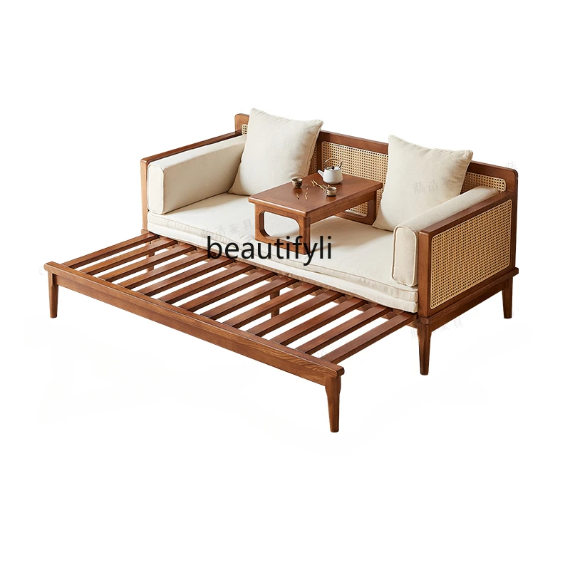 

Solid Wood Sofa Arhat Bed Small Apartment Dual-Use Retractable Sofa Log Style Retro Rattan Decoration B & B