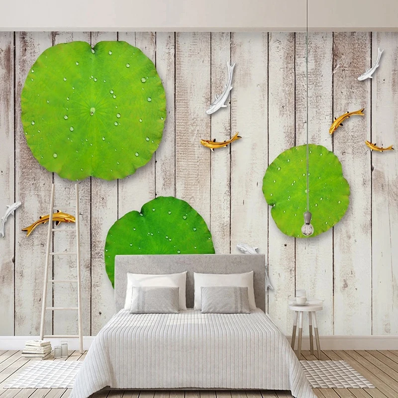 Custom Wallpaper Home Decor 3D Stereo New Chinese Style Photo Mural Embossed Lotus Leaf Carp Wood Board TV Sofa Background