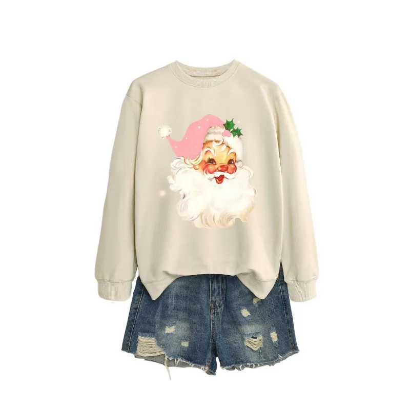 Kerstman Roze Hoed Mode Leuke Print Losse Trui Ronde Hals Sweatshirt Dames