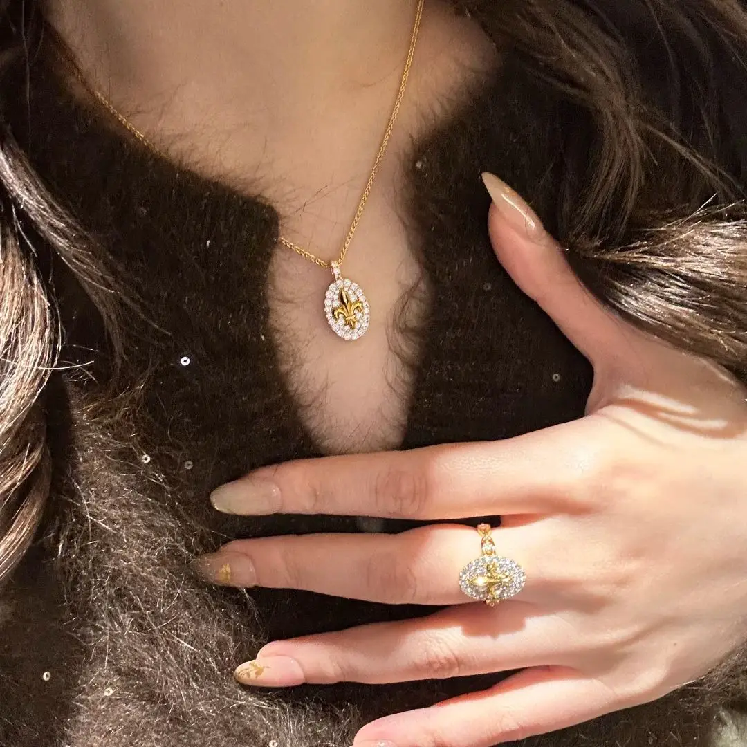 

French Retro High-end Iris Pendant Necklace, Light Luxury And Fashionable Flower Earrings, Temperament, Open Ring Jewelry Set