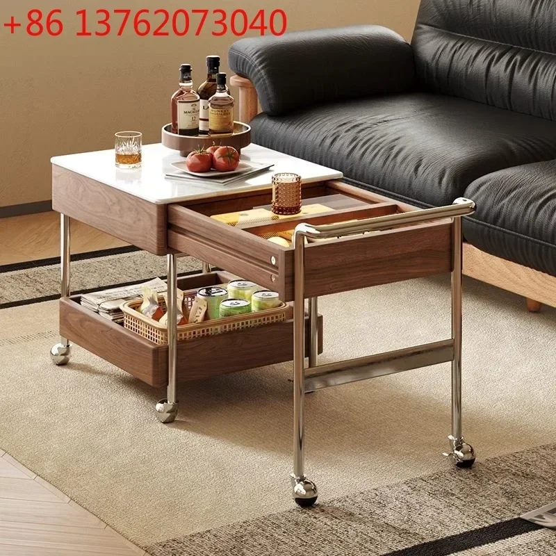 Home living room with wheels movable simple solid wood coffee table foldable multi-layer rock slab edge table