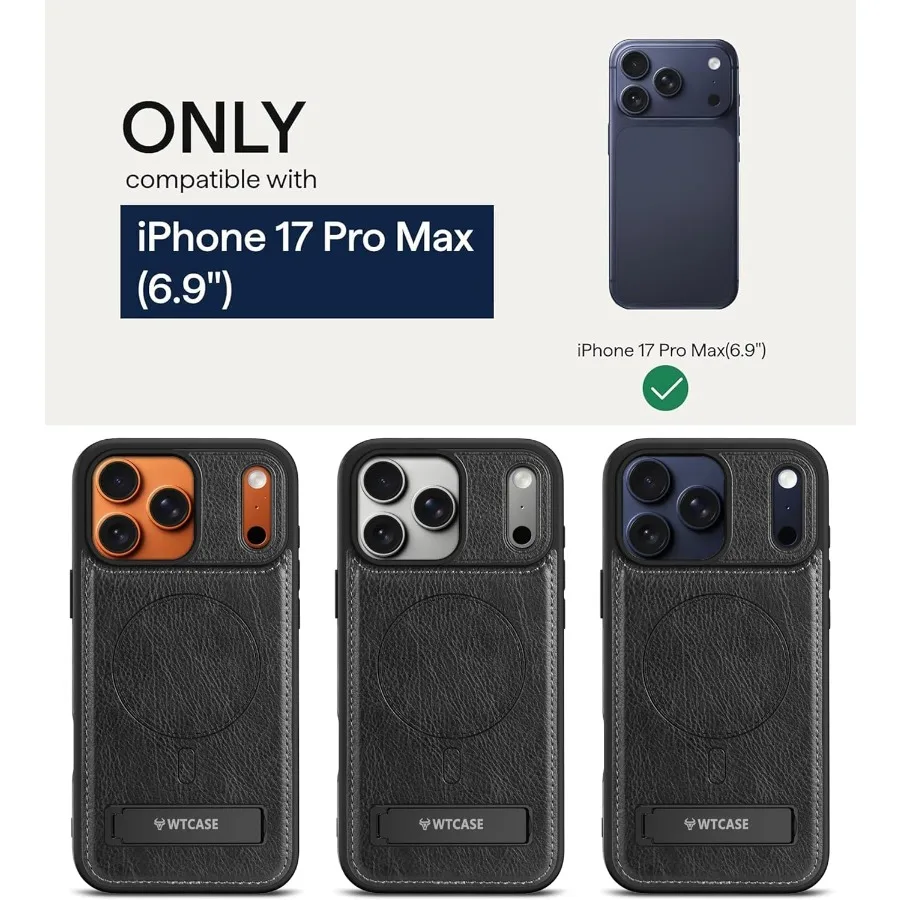 حافظة جلدية مغناطيسية لهاتف iPhone 17 Pro Max مع حامل مدمج غير مرئي وغطاء هاتف واقٍ نحيف متوافق مع Magsafe