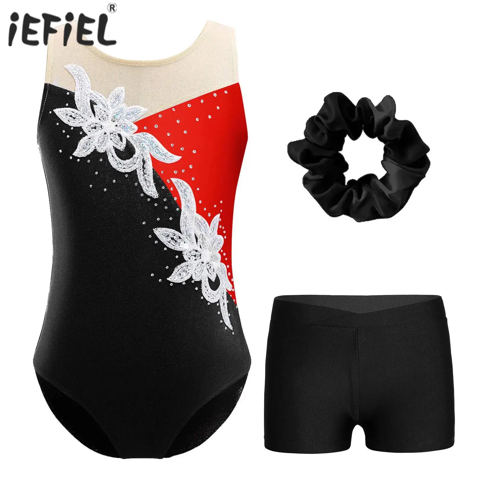 Kids Girls Ballet Dance Sets Sports Outfits Sleeveless Gymnastics Leotard with Shorts Hair Band Lyrical Dance Figure Ice Skating