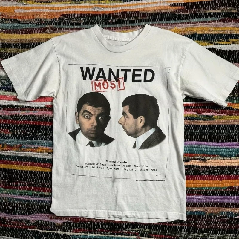 Featuring a wanted poster design and iconic men's rare 1997 Mr. Bean movie promotional T-shirt, white retro T-shirt