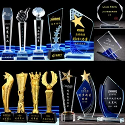 Custom Shapes Transparent Crystal Glass Acrylic Trophy Cups for Champion Golden 3D Carved Figure Sculpture Award with Own LOGO