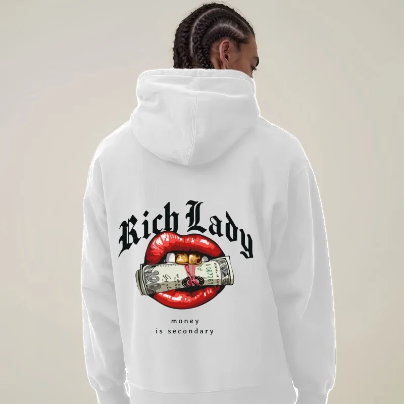 2025 Rich Lady Fashion Hoodie – Bold Red Lips & Money Graphic, Streetwear Style Loose Fit, Trendy Casual Attire Y2K Bape