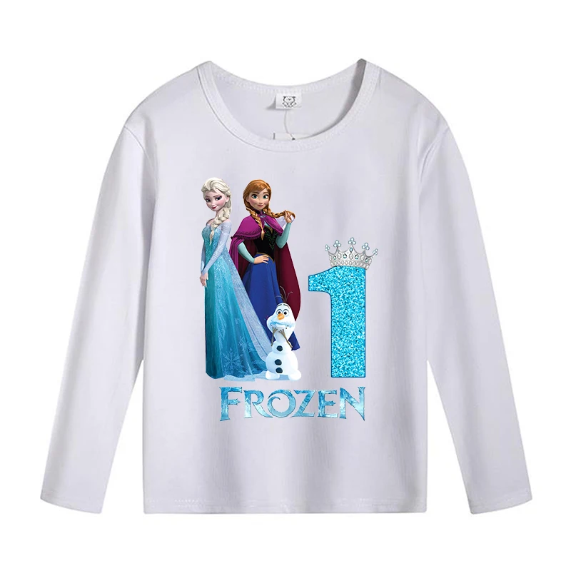 Disney Fozen Elsa Number Long Sleeve T Shirt Princess Birthday Clothes for Girls Cute Cotton Clothing Party Costume Tops Gift