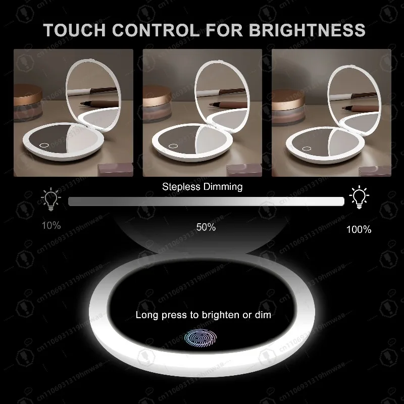 Portable Folding Travel Cosmetics Handheld Compact Mirror with Light Emitting Diode