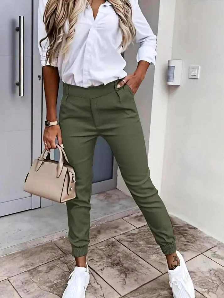 Fashionable Casual Style Solid Color Pocket Ankle Cinching Cropped Pants 2025 New Fashion Womens Pants Elegant Female Clothing