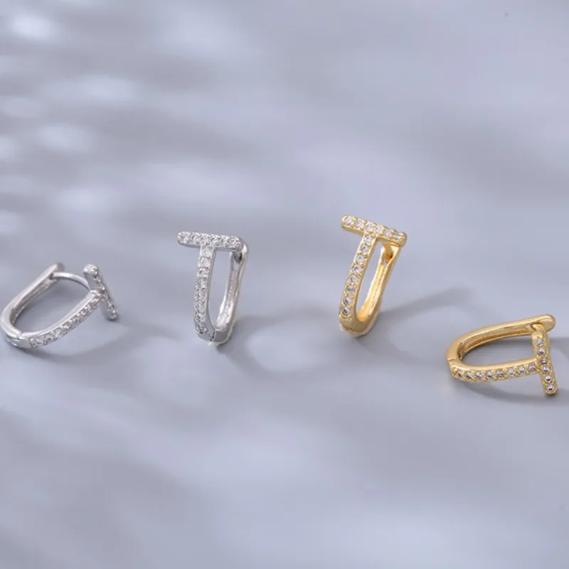Sipmle Dainty Glitter Gold Color Cubic Zirconia Silver Color Hoop Earrings For Women T-shaped Trendy Jewelry Bling Gift