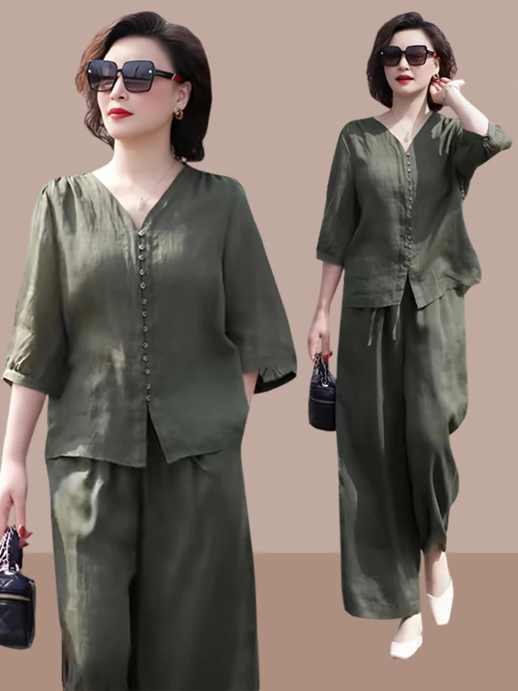 

Комплект из хлопка и льна: женский летний повседневный костюм из двух предметов с широкими брюками, винтажный стиль для женщин среднего возраста, удобный крой