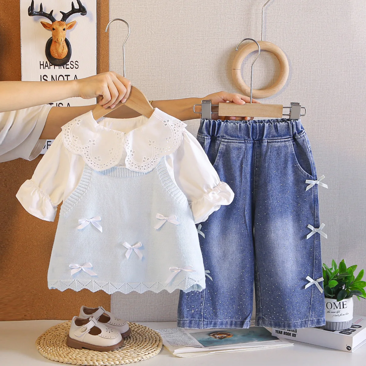 Korean Style Little Girls 3 Piece Outfit Fashion White Blouse + Vest + Wide Leg Denim Pants Cute Kids Spring Casual Matching Set