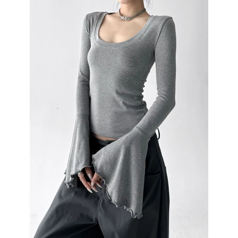 Tops T-shirts Undershirts Women's Autumn Trendy Luxurious Sexy U-neck Bell Sleeves Fitted New Comfortable Minimalist Fashionable