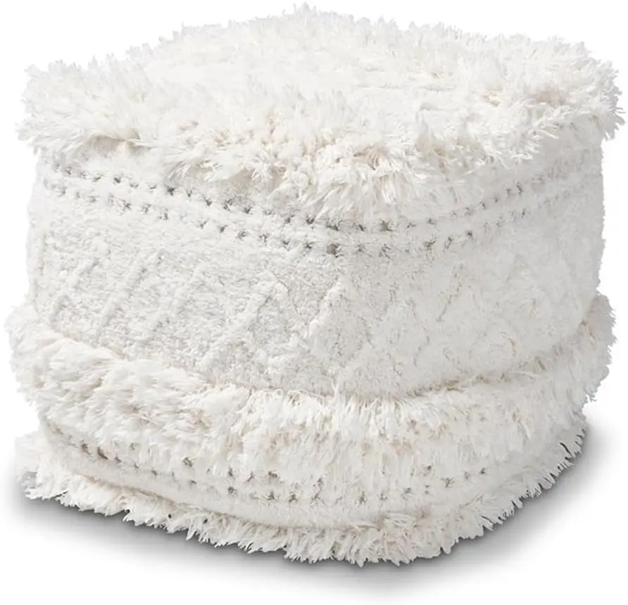 

Ivory Handwoven Cotton Pouf Ottoman