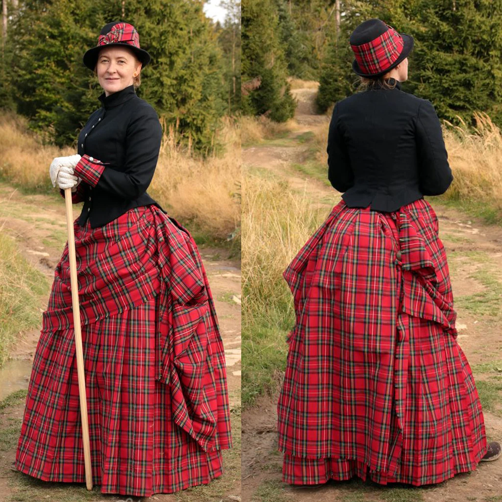 18th Century Victorian Red And Black Plaid Bustle Ball Gown Victorian Day Walking Dress Scottish Highland Plaid Bustle Dress