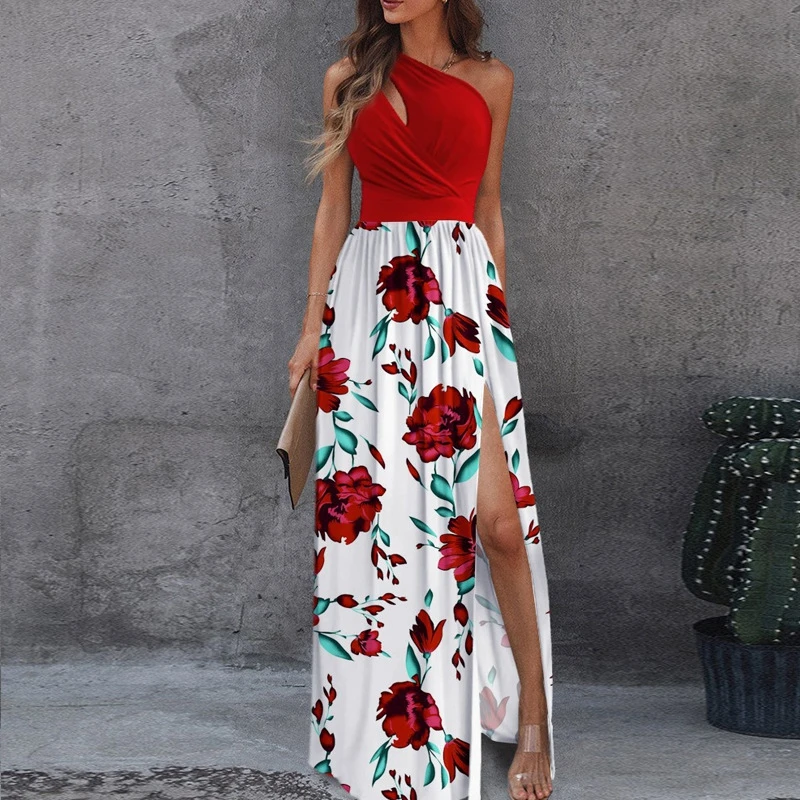 Summer Long Dress New European and American Women's Dress Inclined Shoulder Style High Waist Sexy Split Dress