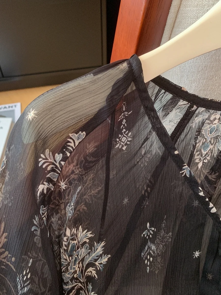 럭셔리 브이넥 긴팔 쉬폰 자수 탑 여성 패셔너블 베이스 셔츠 루즈핏 랜턴 슬리브 코튼 거즈