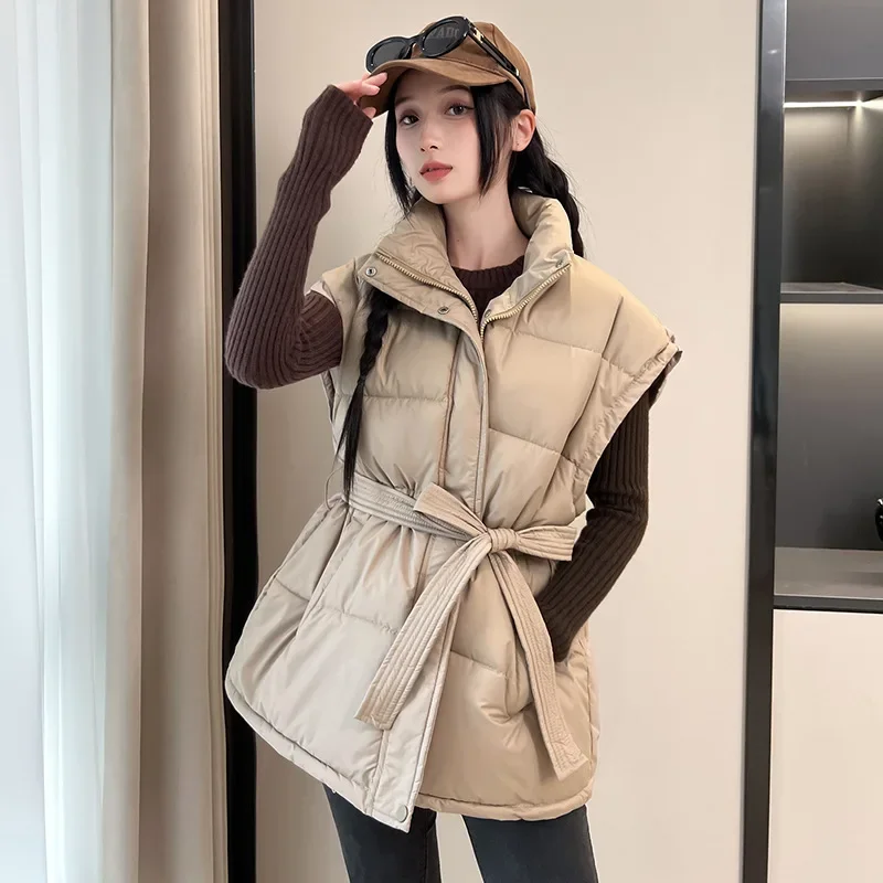 

Waisted Women Parkas Vest Coat Oversize Jacket Solid Lace Up Sleeveless Turn Down Collar Zipper Loose Thick Casual 2025 Winter