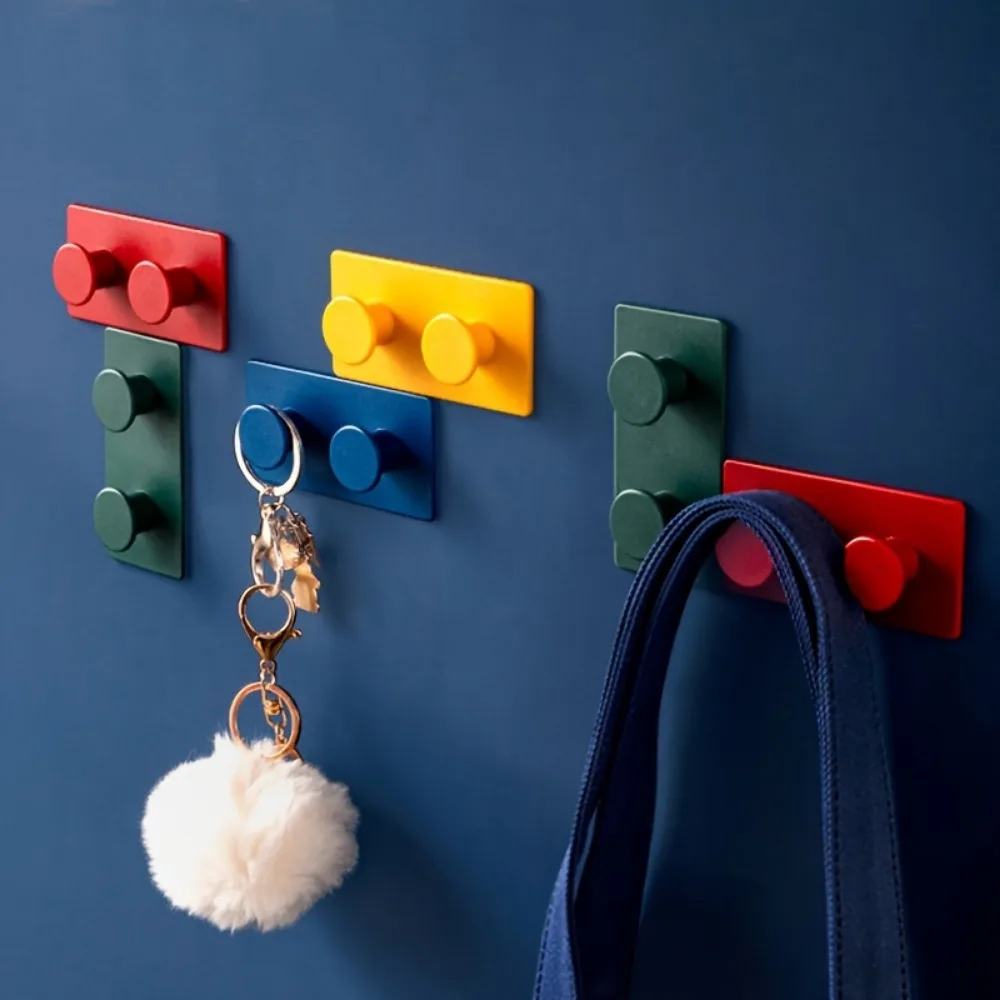 4 Stück Baustein-Haken – superstarker Kleber, wasserabweisende Kunststoff-Wandhaken mit bunten Blöcken zum Organisieren von Kabeln