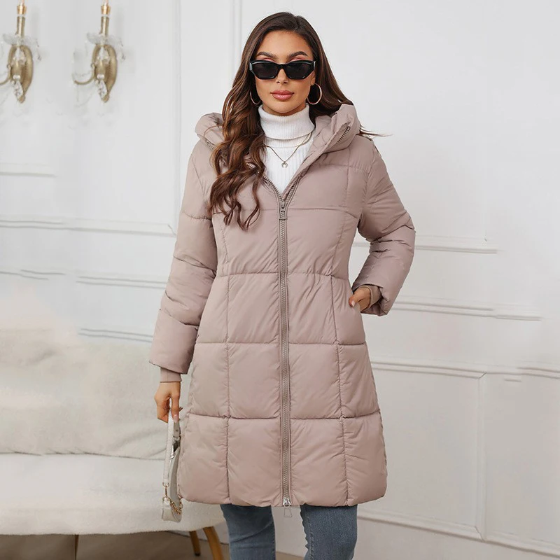 موضة نفخة طول الركبة سترات نسائية شتوية دافئة بقلنسوة طويلة أسفل سترة قطن امرأة 2025 سستة حتى كم طويل سترات السيدات #3