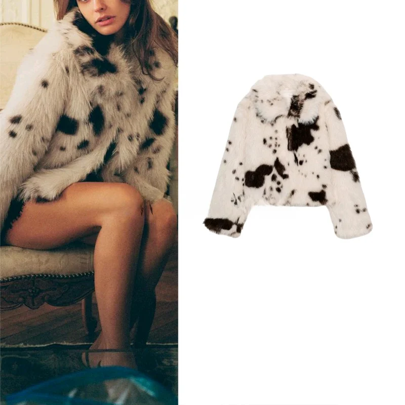 

Ele Loose Fit Women's Jaet Autumn Winter New Sle Long Sve Faux Fur Effect Animal Print Stand Collar ort Outerwear