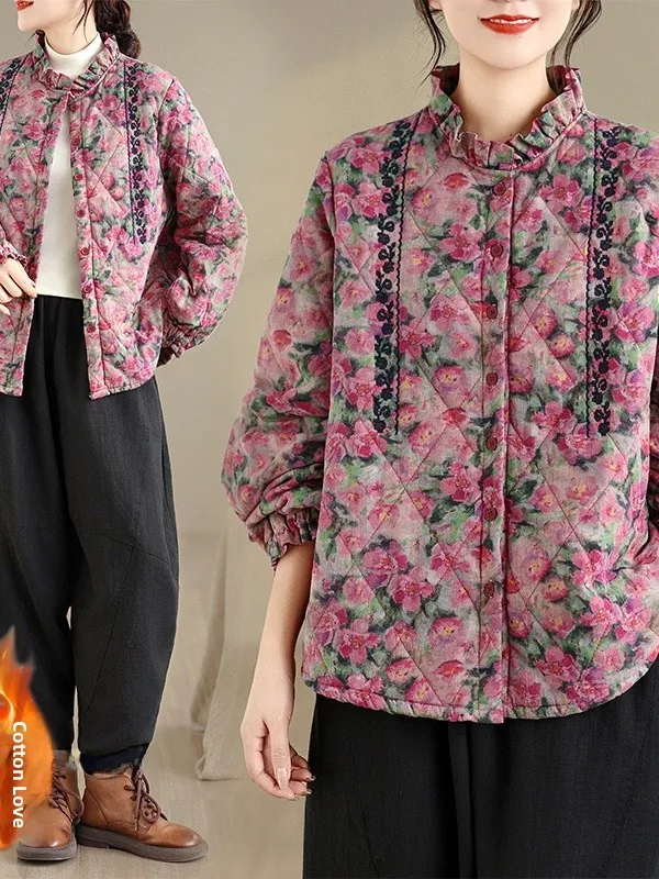 

Korean Brand Women's Oversized Cotton Jaet with Embroidery Long Sve Floral Lace Trim Warmth Retro Sle Spring Autumn