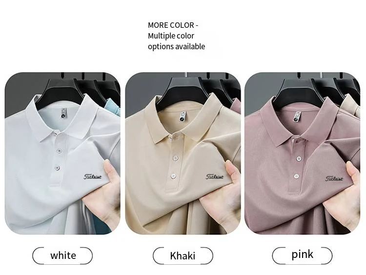 Business Casual Herren Neues Kurzarm-Poloshirt mit Kragen und Knöpfen, Einfarbig mit Schriftzug, Bequemes Atmungsaktives Herren-T-Shirt – Detail 9
