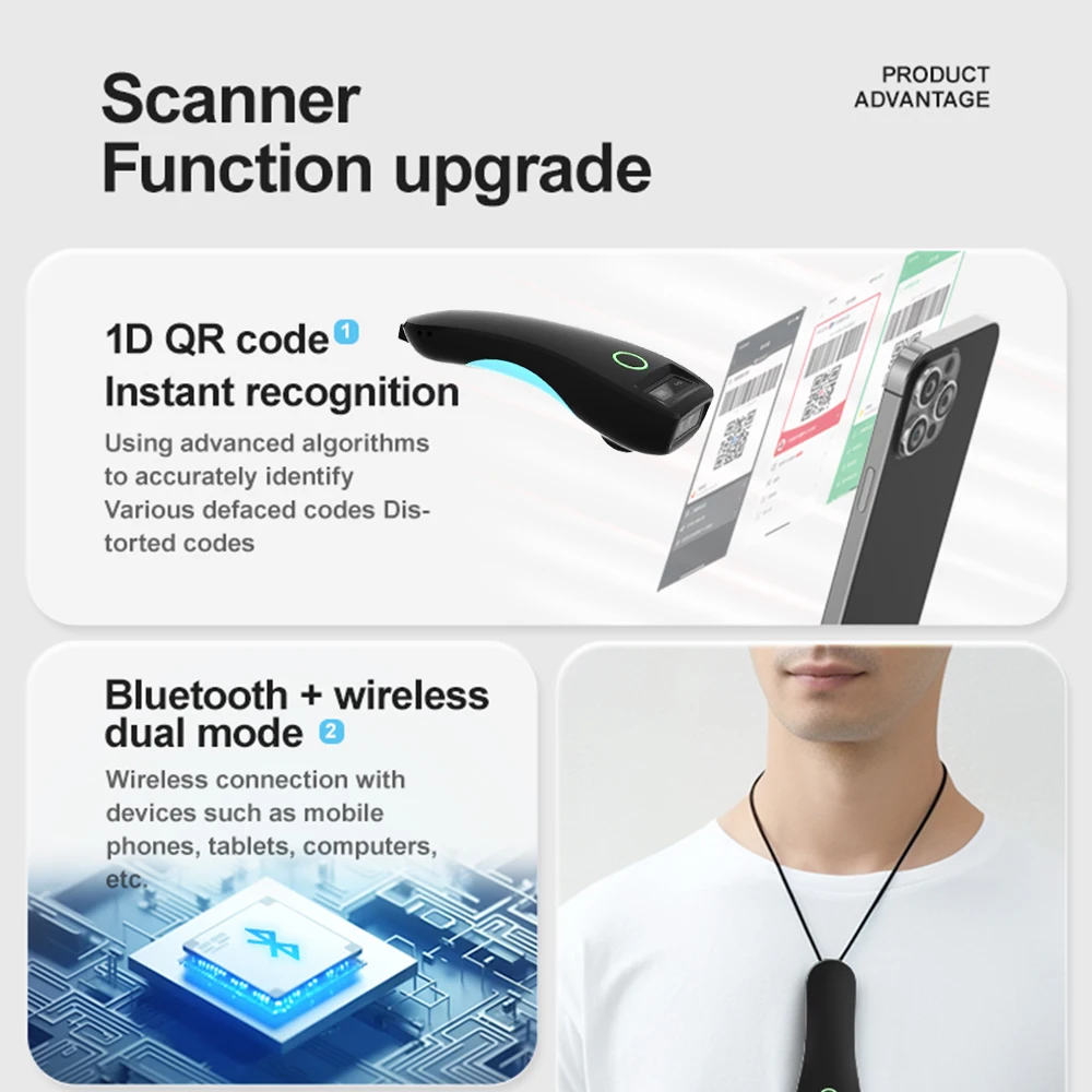 1D 2D Mini Barcode Scanner W6 Wireless CMOS Scanner Bluetooth Mini Pocket QR Code Reader IOS Android for Mobile Payment