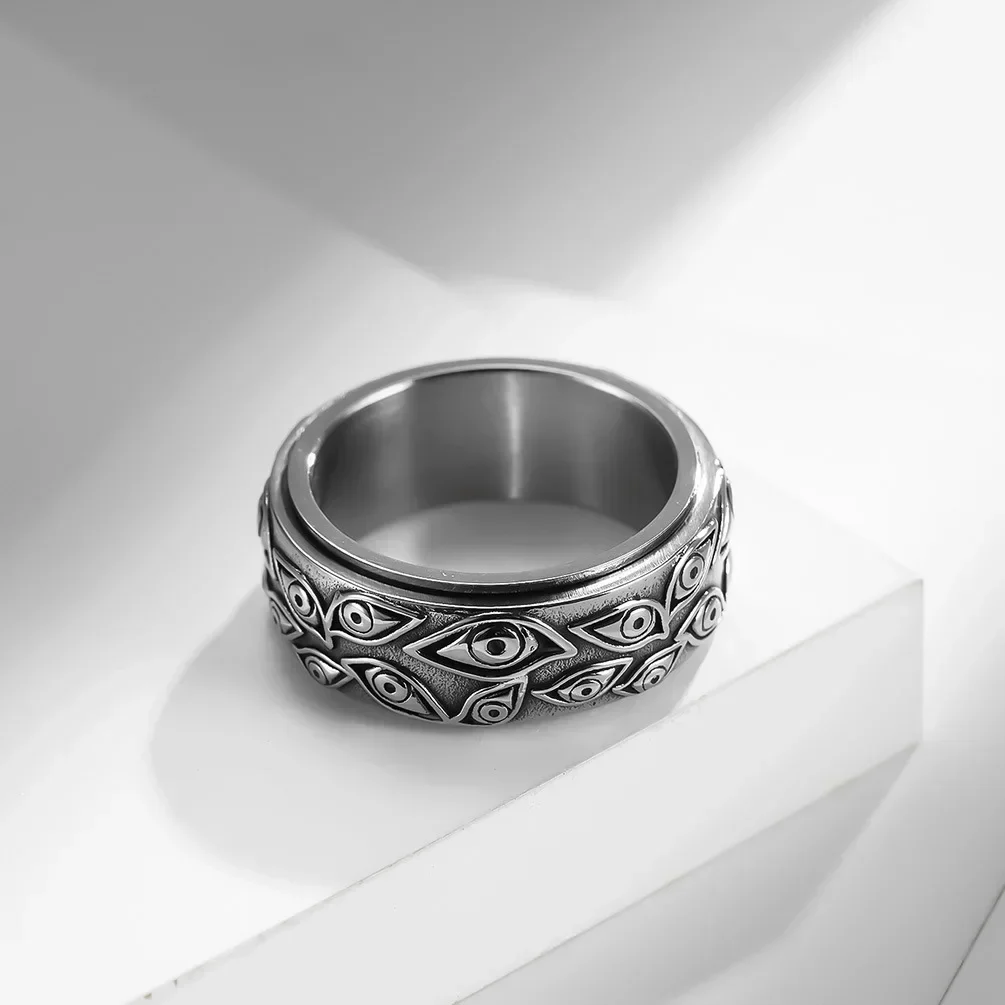 Stainless Steel Vintage Evil Eye of God Ring Spinner Ring Stress Relieving Anxiety Ring for Men Women