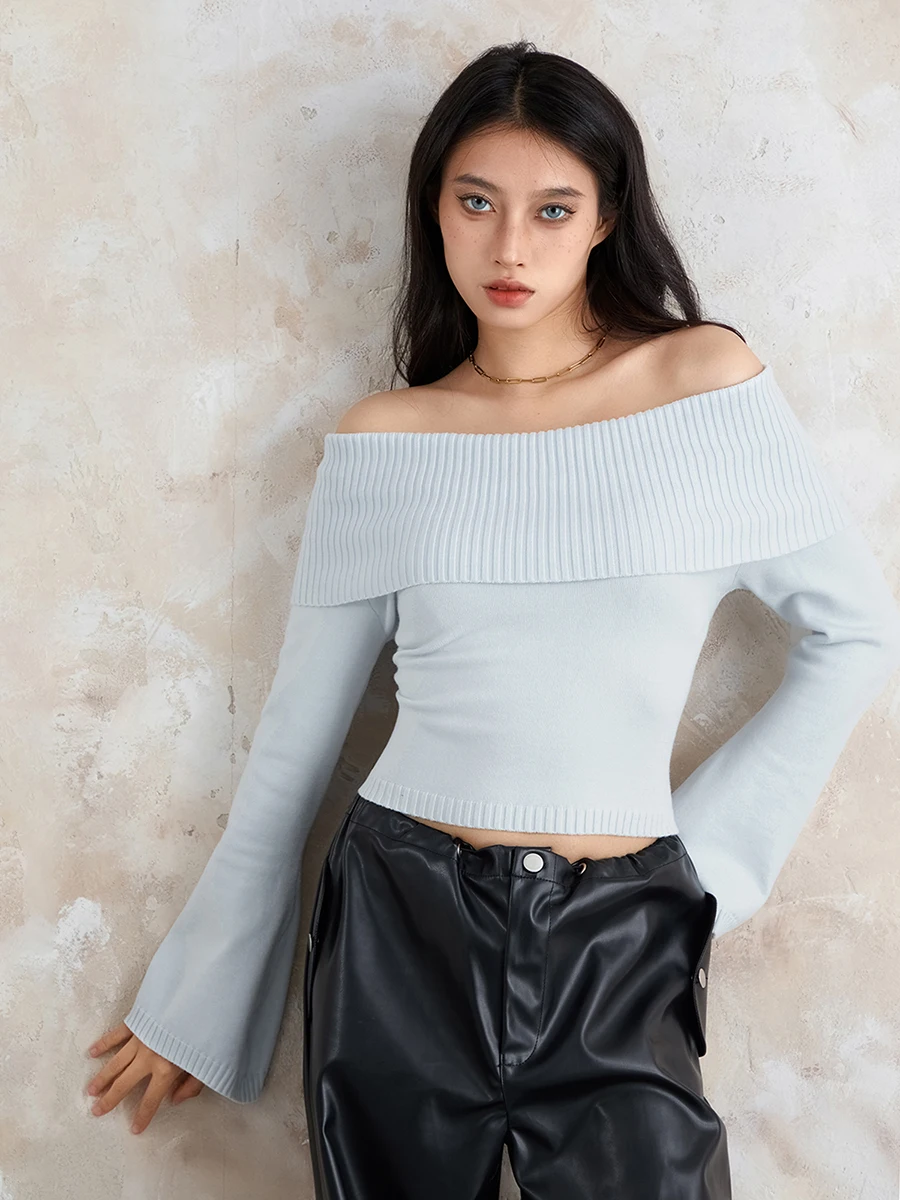 Women Slash Neck Knit Pullovers y2k Off Shoulder Black Long Sleeve Slim Fit Ruched Tight T-Shirt Causal Fall Sweater Streetwear