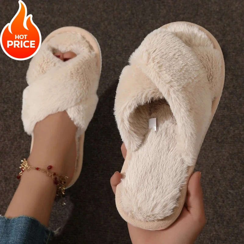 2025 Fuzzy Slipper Women Cross Strap Warm Lightweight Flat Heel Open Toe Non-Slip Home Floor Shoes For Autumn Winter