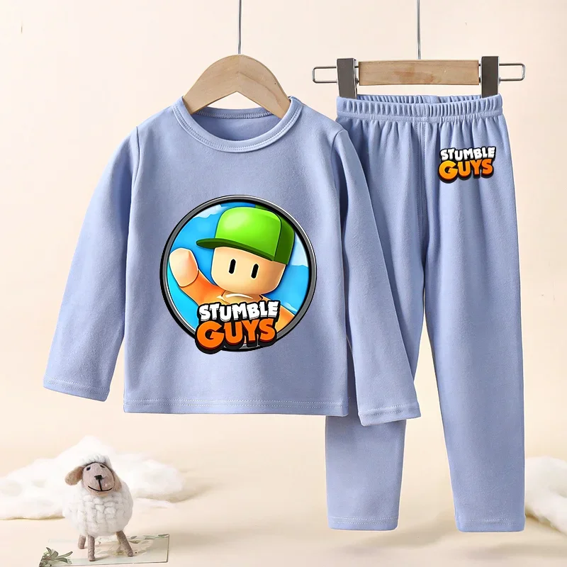 Stumble Guys Loungewear Pajamas Autumn Cotton Long-sleeved Trousers Two-piece Set Boys Girls Warm Pajamas O-Neck Thickened Set