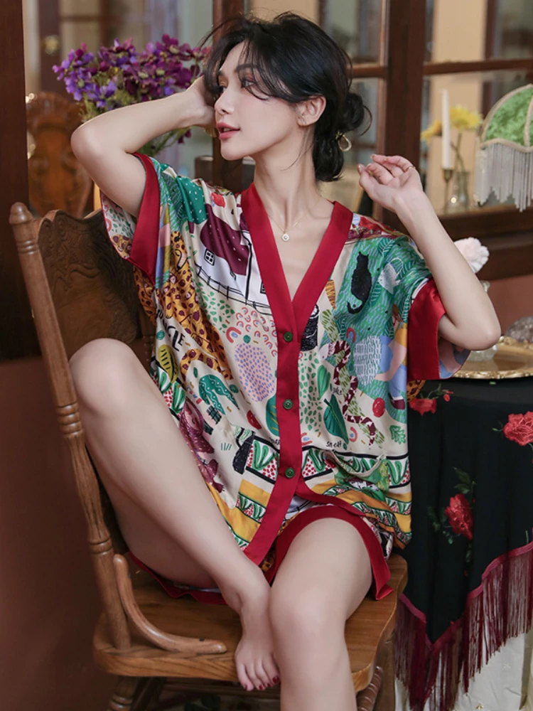 Sexy Ice Silk Pajamas Suit Women Summer New High Quality Fashion New Printed Top Cardigan+shorts Casual Home Clothes Outer Wear