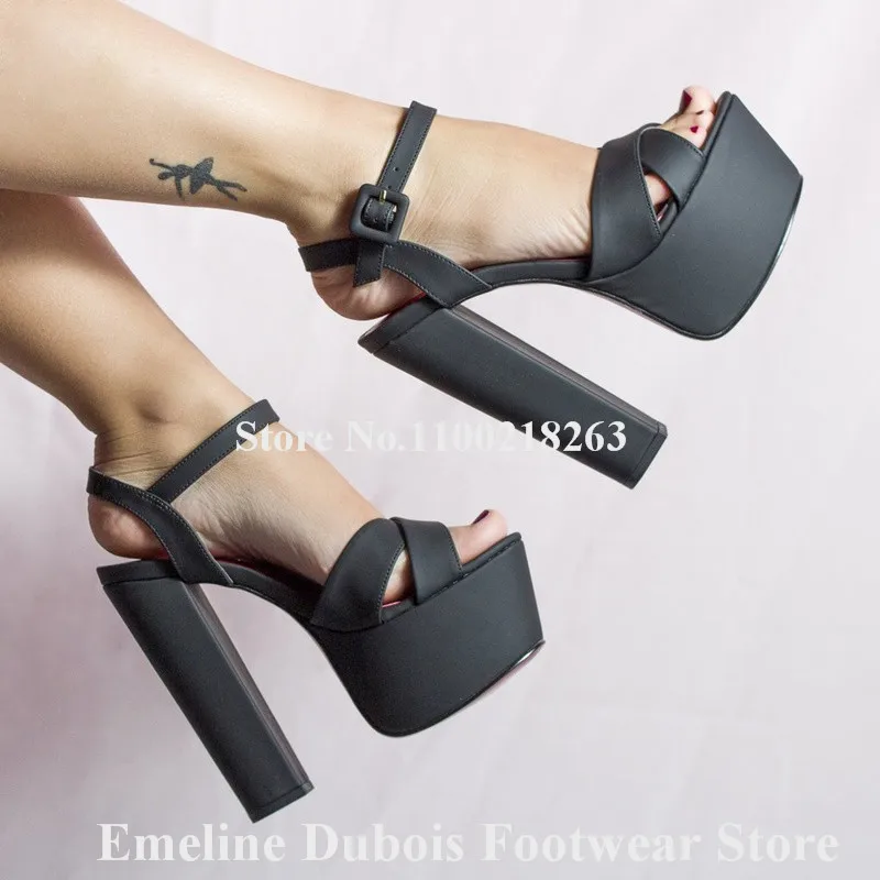 High Platform Chunky Heel Sandals Emeline Dubois Open Toe Blue Black White Matte Leather Thick Heel Party Shoes Big Size Heels