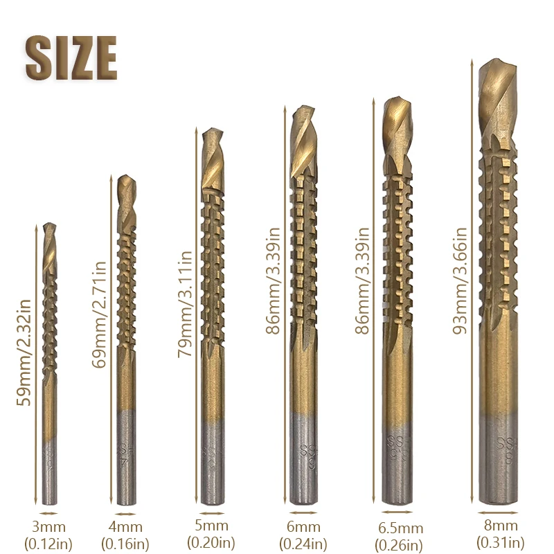 3/6pcs Titanium Coated Hss Bit Sawtooth Multi-function Fried Dough Twists Drill Tool for Wood Thin Metal Plastic 3/4/5/6/6.5/8mm