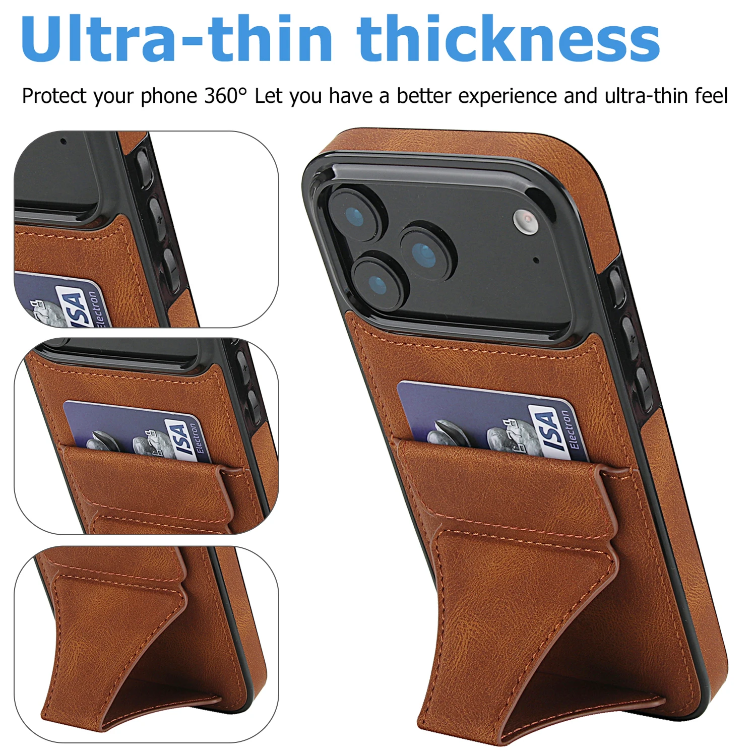 Image of Faltbare Kickstand-Leder-Handyhülle für iPhone 17 Pro Max 16 Plus 15 14 13 12, schützende Kreditkartenfächer, Kickstand-Abdeckung