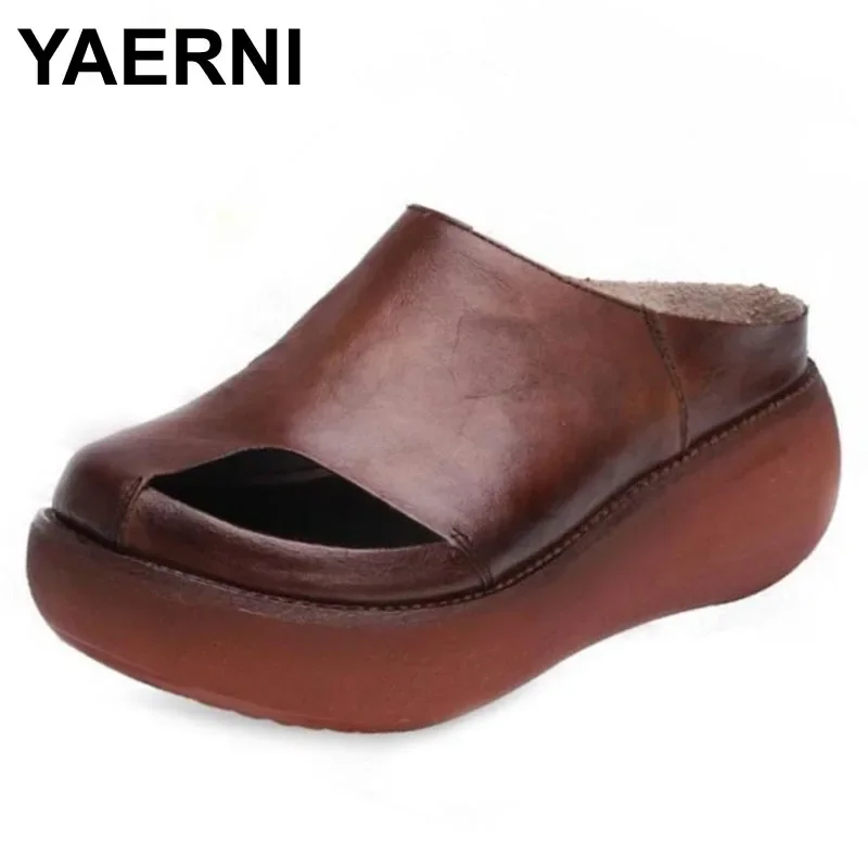 

YAERNI 2019 Summer women's sandals on the platform Slippers New summer elegant fashion sandals from cowhide leather for women