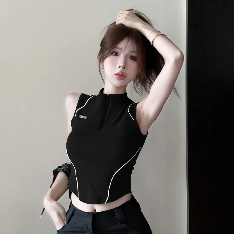 

American Fashion Half Zip Stand Collar Patchwork Sleeveless Slim Tank Top Women's Crop Top