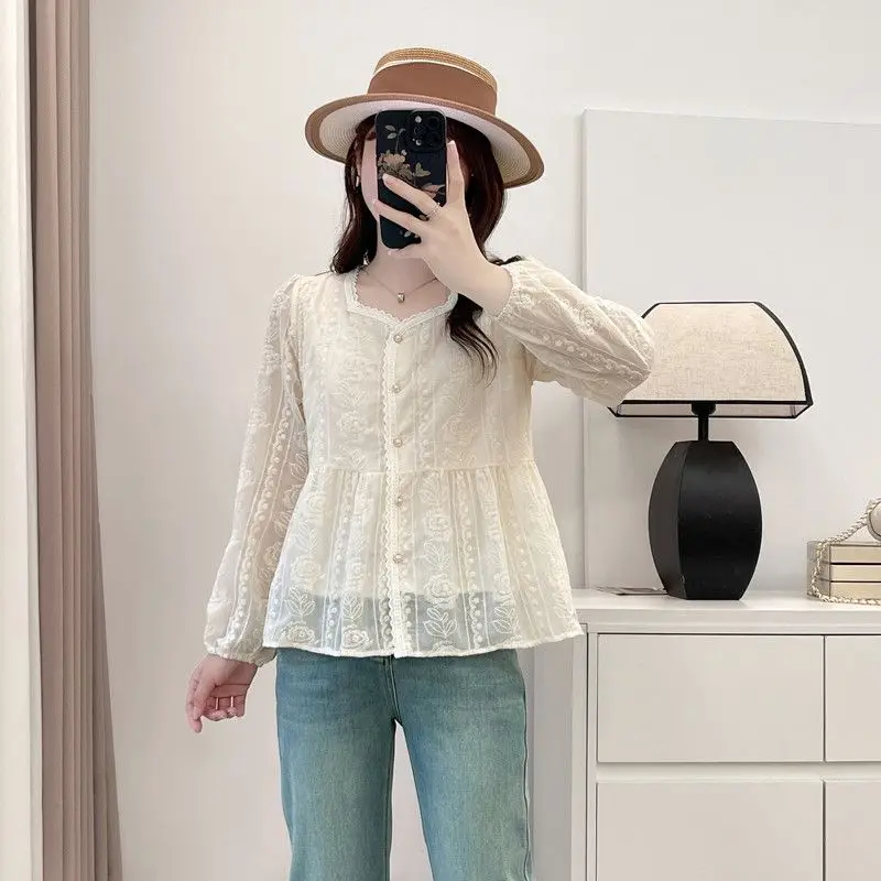 

Autumn 2024 New Woman Chic Embroidered Buttons Rose Fashion All-match Thin Loose Casual Lively Comfortable Mori Girl Style Niche