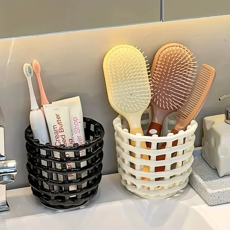 Modern Bathroom Kitchen Storage Basket Open Toothbrush Compartment White Black for Vanity Countertop