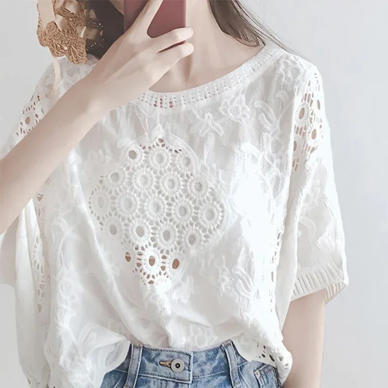 

Women's Clothing Hollow Out Pure Cotton Lace Short Sleeve T-shirt for Women Summer Casual Temperament Elegant Loose Slimming Top