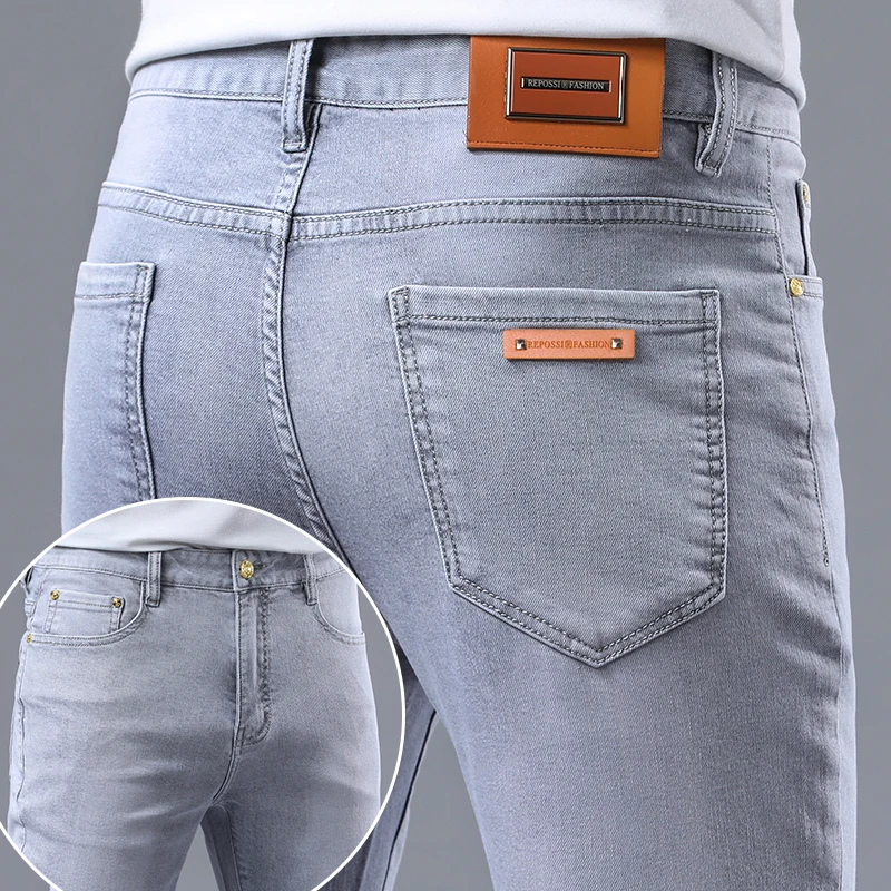 Pantalones vaqueros rectos informales de lujo para hombre, pantalones ajustados elásticos de color gris claro, a la moda, 2024