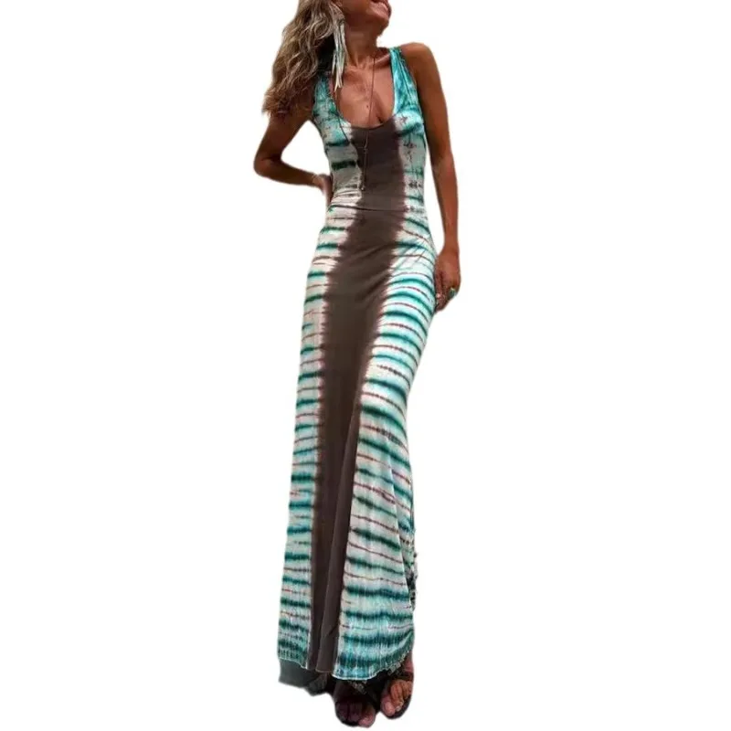 Fashion Stripe Printed Backless Cross Strap Dress 2024 Summer Sexy Sleeveless Long Dresses Vacation Beach Vestidos Streetwear