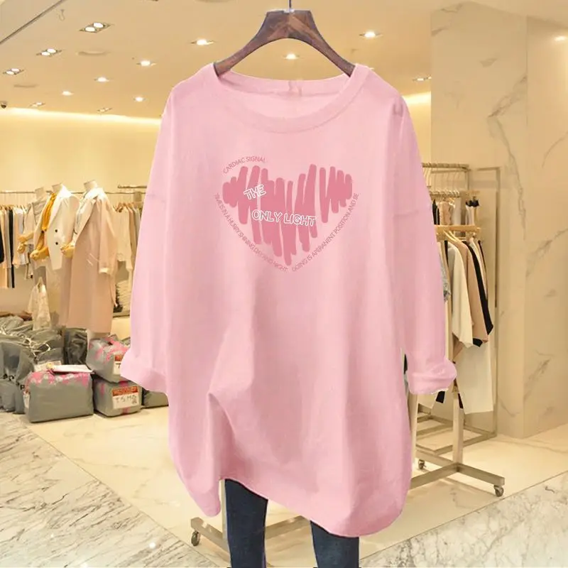 Women Clothing Chic Hand-Painted Love Printing T-shirt Autumn Casual Loose Pure Cotton Long Sleeve Top Tee Office Lady Pullovers