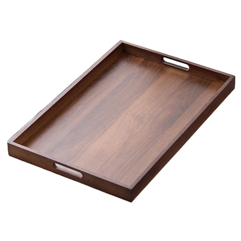 Japanese Tea Set Tray Large Size Rectangular Bamboo Wood Display Plate Walnut Color Cup Storage Handle For Home Use 44*30*4Cm