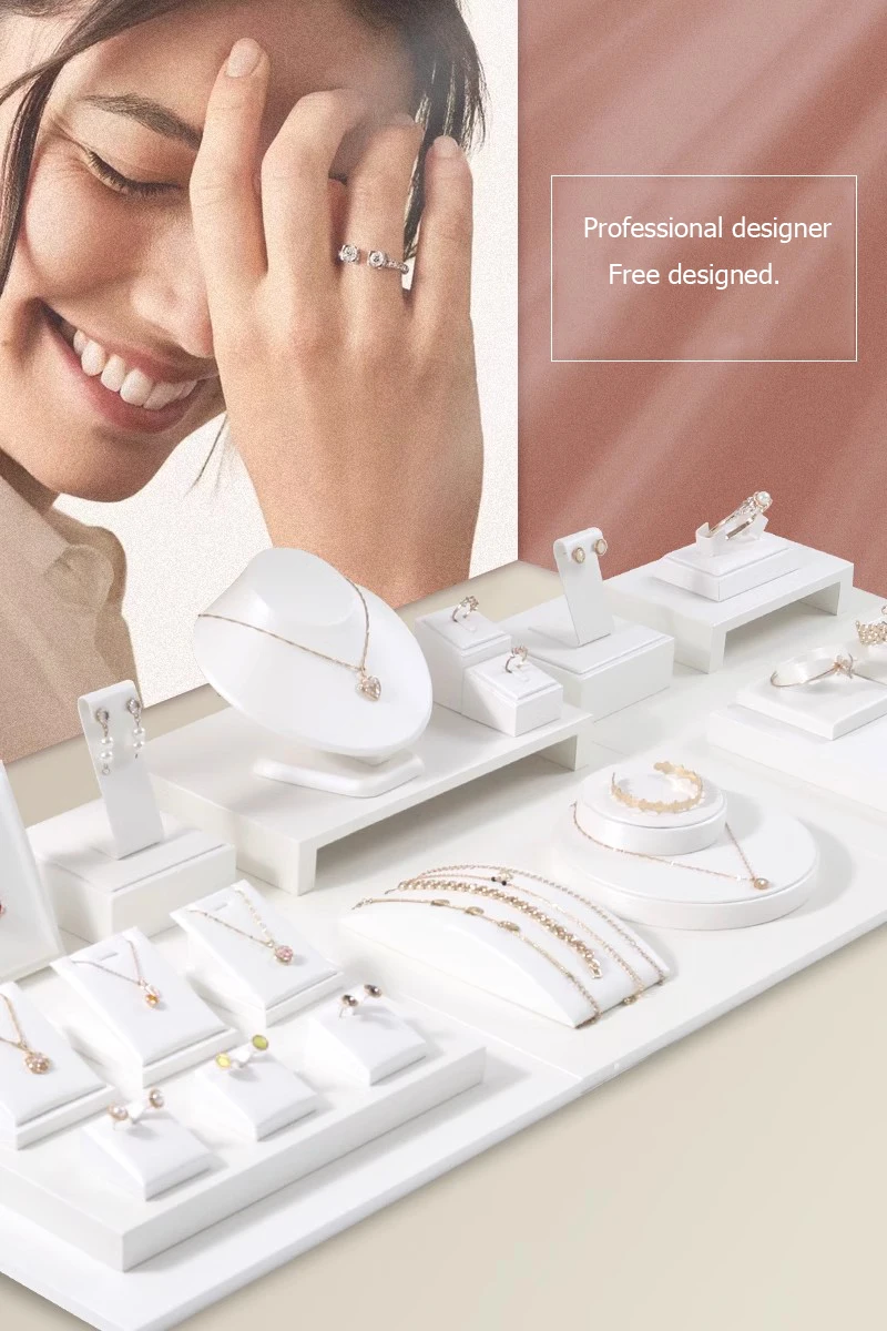 Window Jewelry Ring Holder Stand Show Counter Cabinet Display Tray Insert Jewellery Ring Storage White Leather Presentation Rack