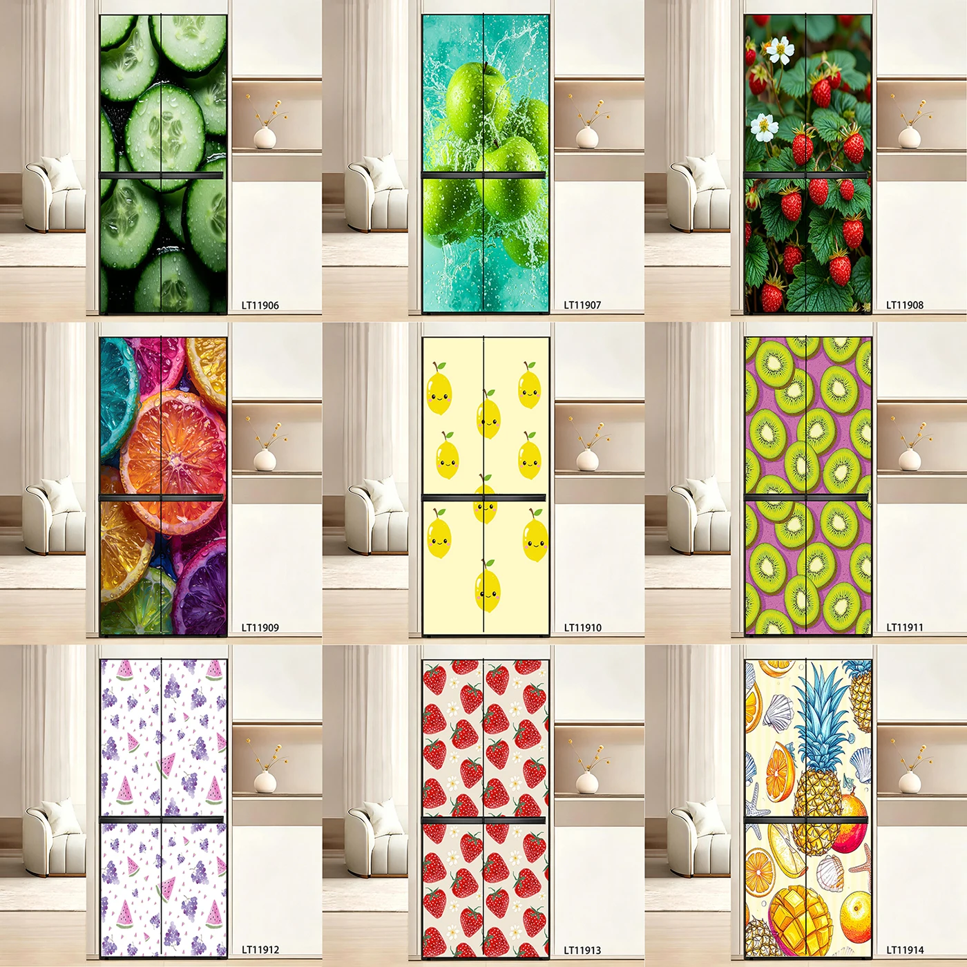 

Fresh Citrus Fruit Orange Lemon Avocado Pattern Refrigerator Door Sticker Waterproof Self-Adhesive Fridge Decal