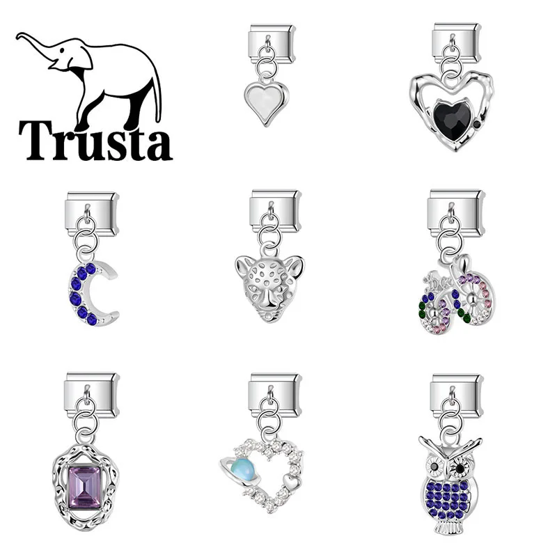 Trusta Zircon love Feather Moon bicycle Italian charms bracelet Fit 9mm Pendant Accessories Removable 1pc Gifts Wholesale N817