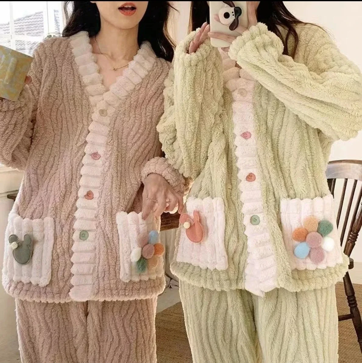 

Women's Sweet Kawaii Thick Flannel Cardigan 2 Piece Pajama Set Warm Soft Fairy Style Home Loungewear