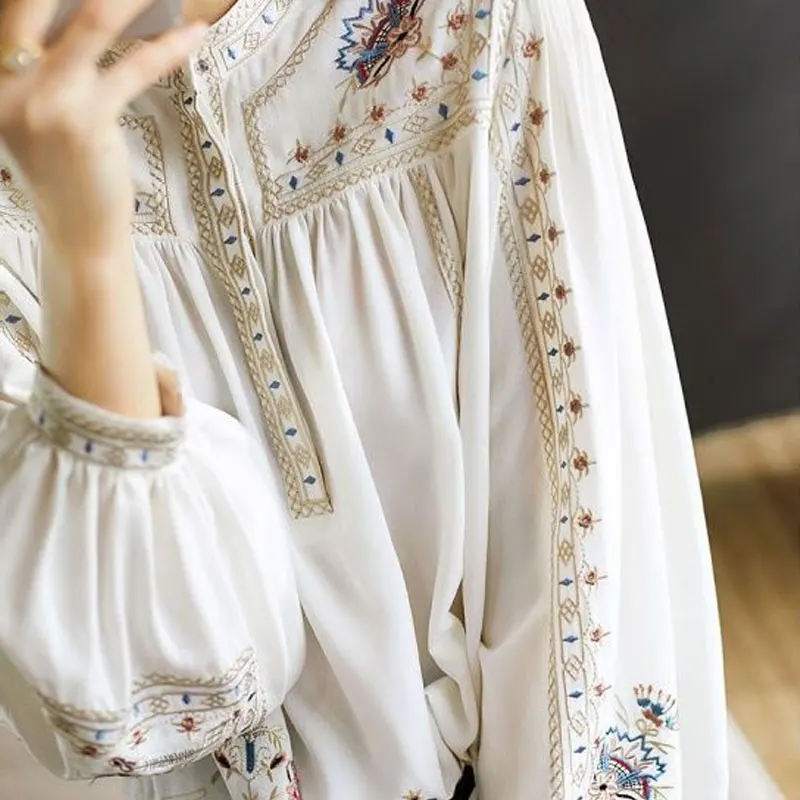 Bohemian Fashion Gedruckt Bluse Weibliche Kleidung Stehen Kragen Frühling Herbst Langarm Raffen Casual Lose All-match Shirt Neue